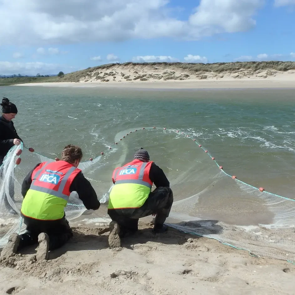NIFCA members in hi-vis on beach retrieving netting in water during a survey.